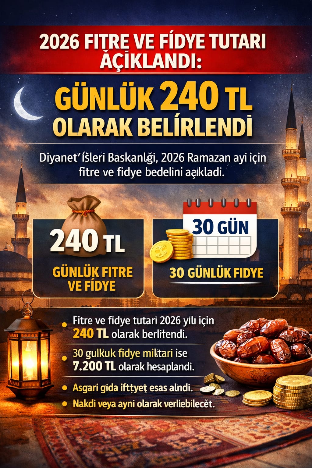 2026 Fitre ve Fidye Tutarı Açıklandı: Günlük 240 TL Olarak Belirlendi
